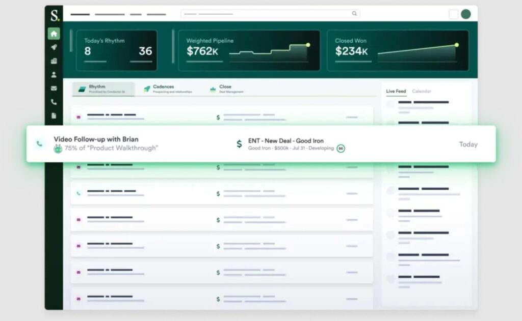 A screenshot showing Vidyard video view data being integrated into the Rhythm dashboard. The image highlights a specific entry, showing that a prospect named Brian watched 75% of a product walkthrough video.