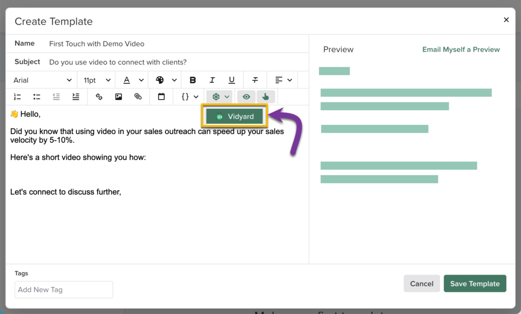 A screenshot showing the process of inserting a video into a Salesloft email. The Vidyard integration button is highlighted.