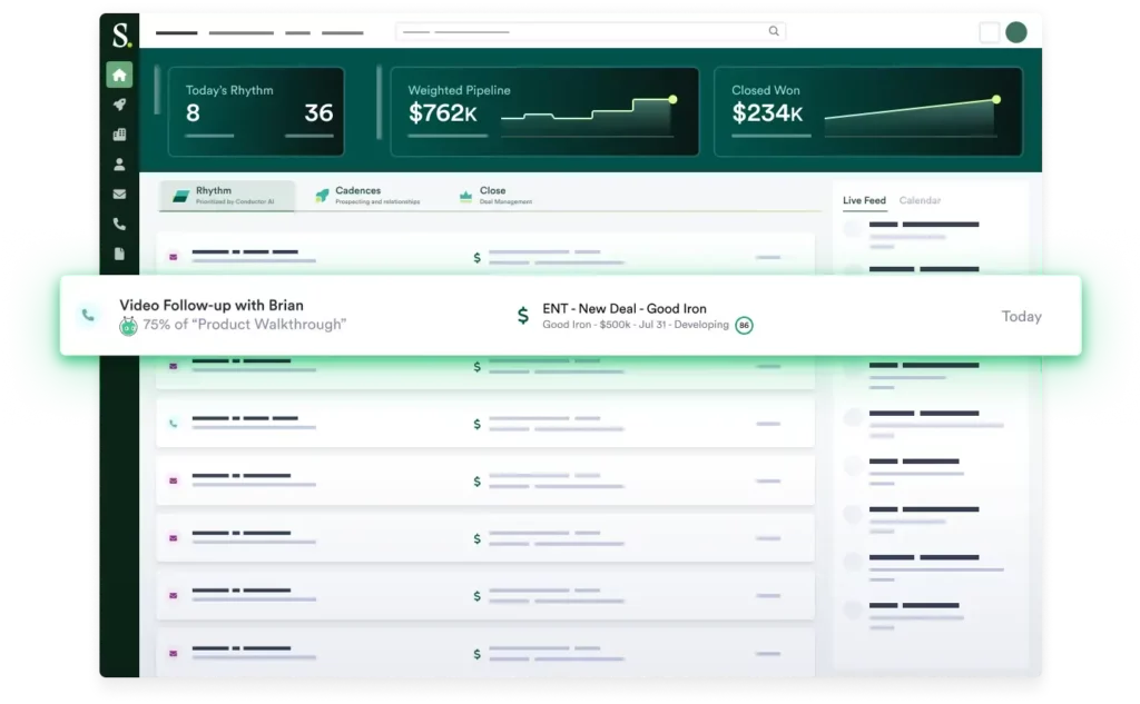 Salesloft Rhythm dashboard showing a Vidyard action popped out and highlighted.