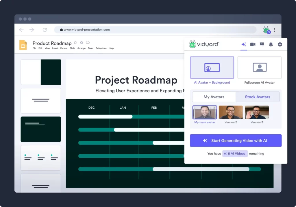 An example of the Vidyard Browser Extension showing AI Avatar video creation screen with a Google Slide presentation in the background image
